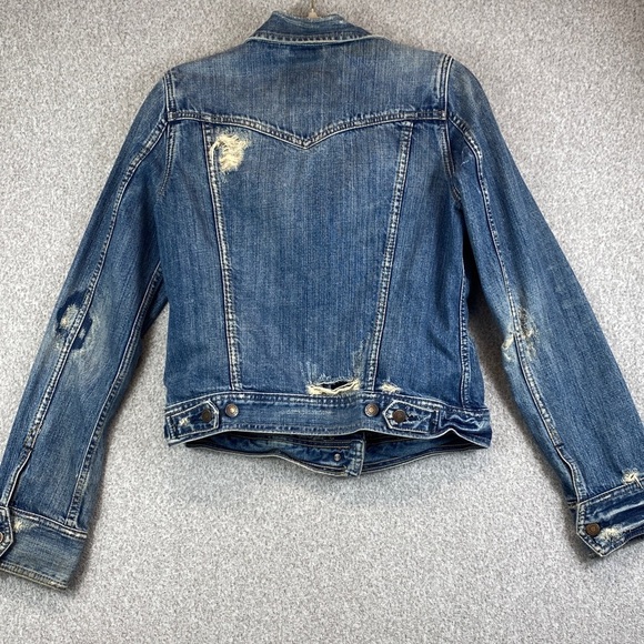 Vtg Abercrombie & Fitch distressed denim trucker jacket jr L grunge Y2K - Picture 8 of 11
